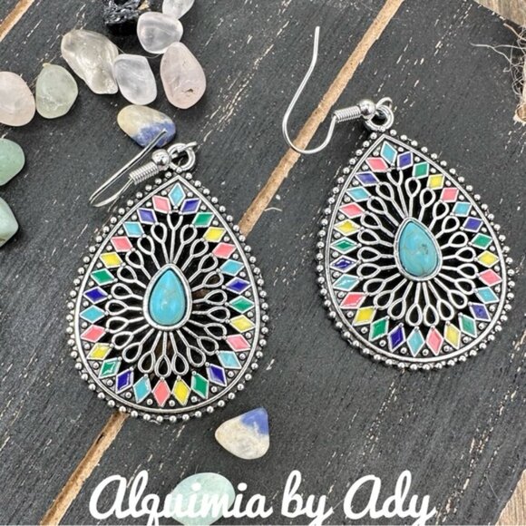 Alquimia Jewelry - Statement turquoise mandala drops silver earrings